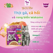 Whiskas® Tasty Mix  vị Gà , Cá Hồi & rong biển Wakame  kèm nước sốt 70gr