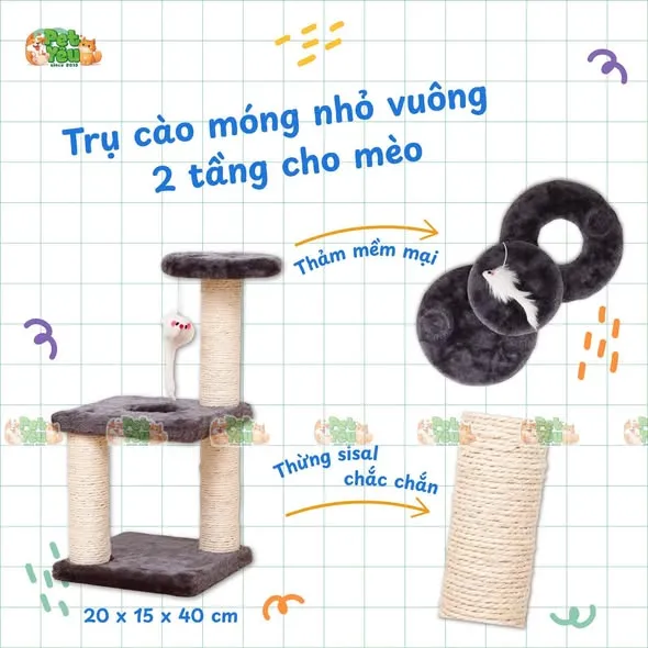 Trụ Cào Móng Nhỏ Vuông 2 Tầng Cho Mèo