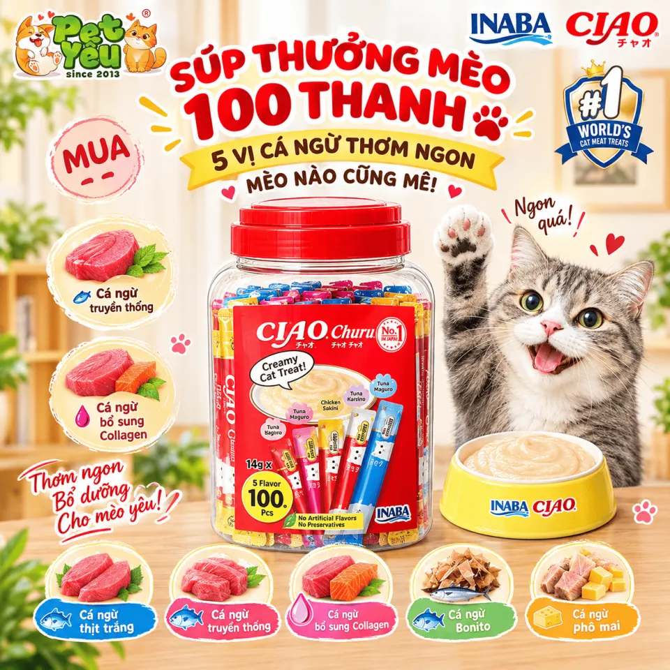 Súp Thưởng Mèo INABA CIAO CHURU Cá Ngừ Mix Vị - Hũ 100 Thanh