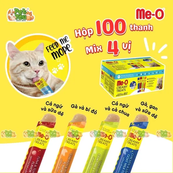 Súp thưởng dạng kem cho mèo ME-O Creamy Treats - Hộp 100 thanh Mix 4 vị