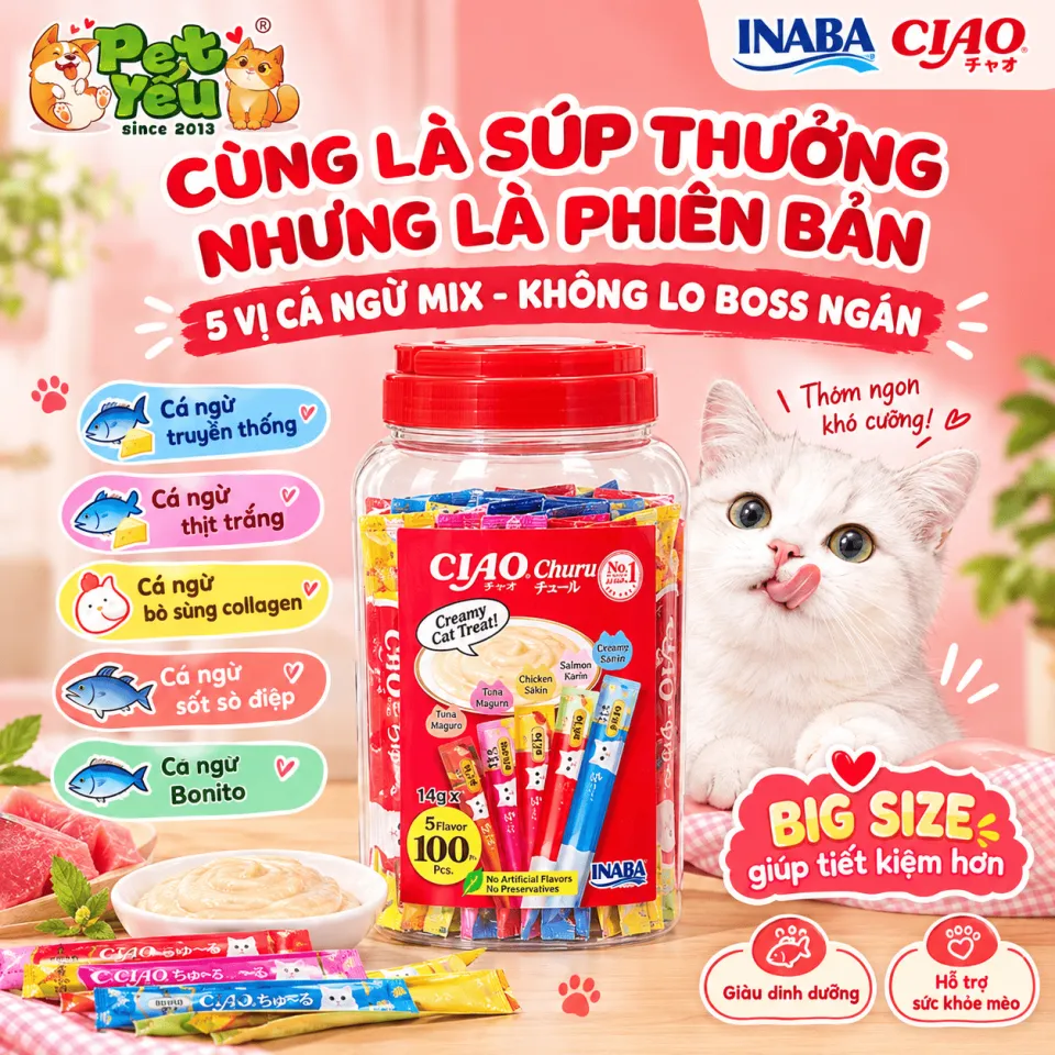 Súp Thưởng Mèo INABA CIAO CHURU Cá Ngừ Mix Vị - Hũ 100 Thanh