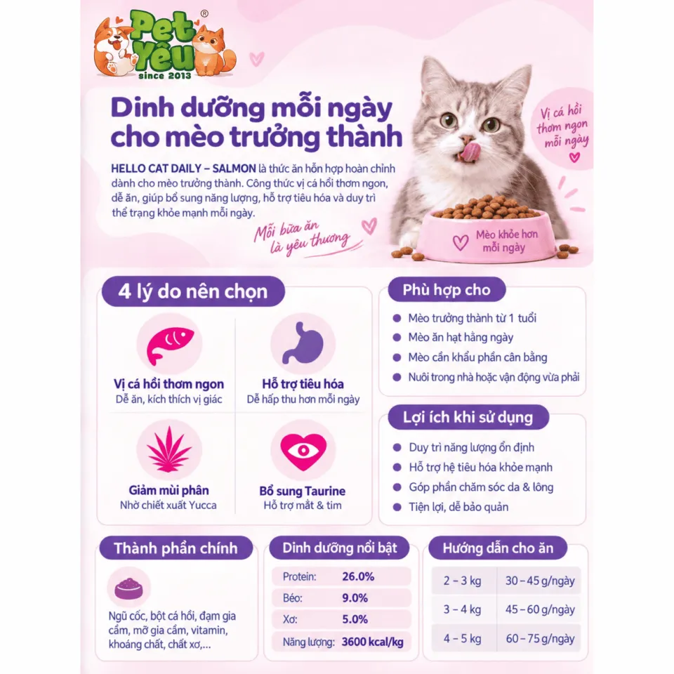 Thức Ăn Hạt Cho Mèo Trưởng Thành Hello Cat Daily - Túi 1Kg