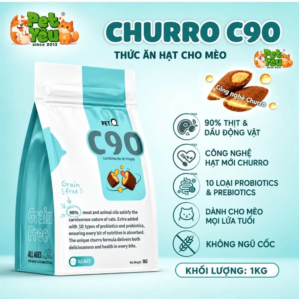 Thức Ăn Hạt Cho Mèo PetQ Churro C90 & C90U - Túi 1Kg