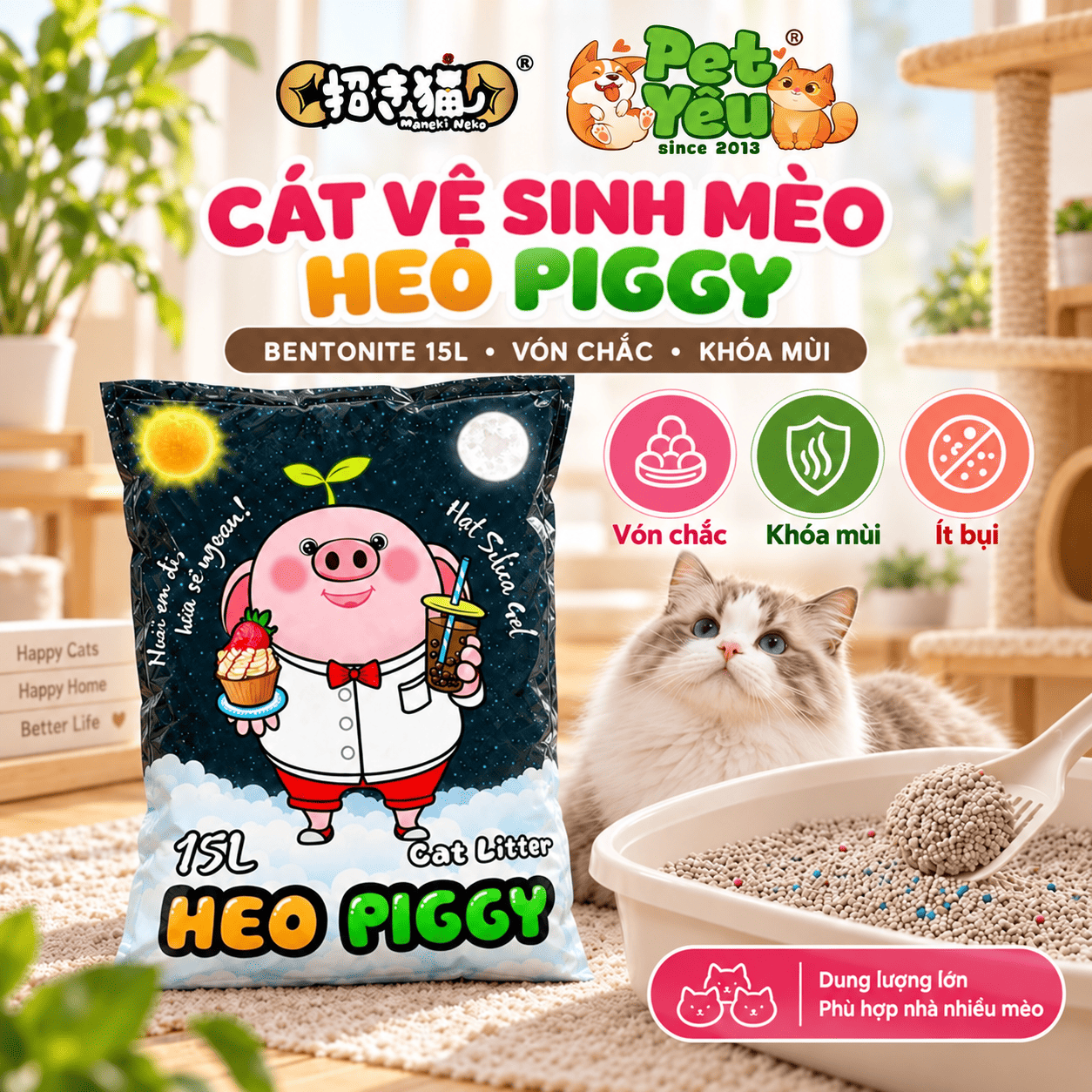 Cát Vệ Sinh Cho Mèo Heo Piggy Maneki Neko Hương Cà Phê 15L ( Túi 7Kg)